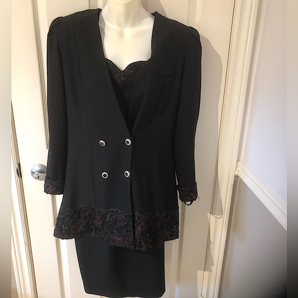 Vintage special occasions black 3 piece skirt set with lace trim and sequins